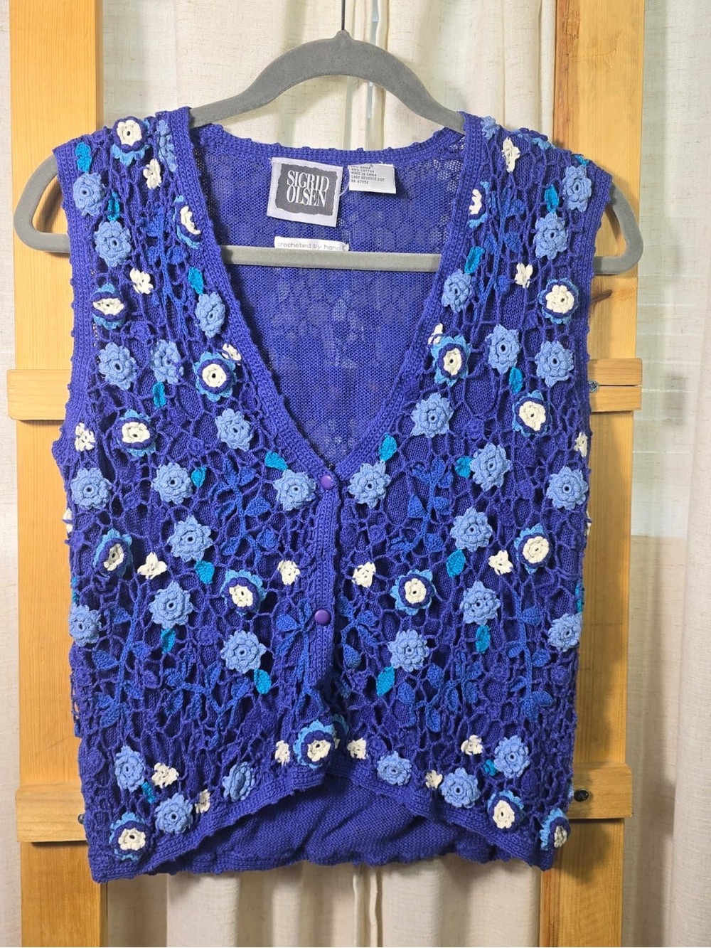 Vintage Sigrid Olsen Blue Crochet Floral Vest